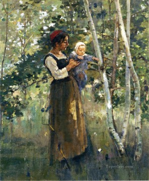 囲炉裏の母と子 セオドア・ロビンソン Oil Paintings